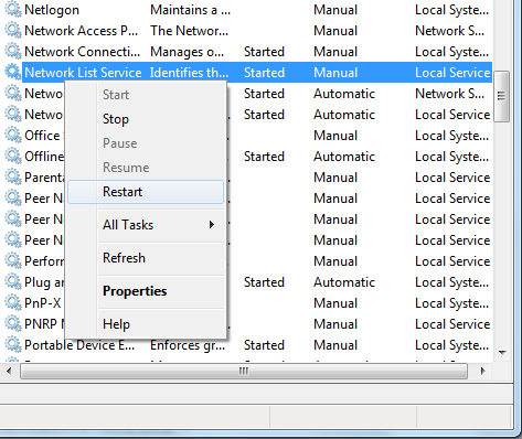 Restarting Network List Services Restarting Network List Services