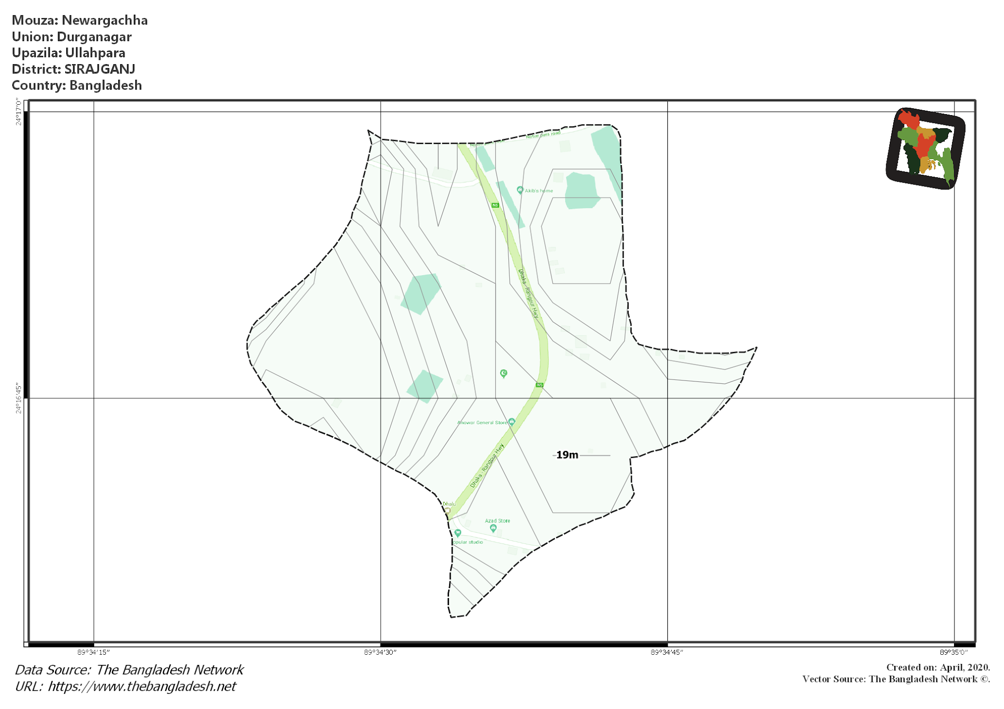 Map of Newargachha Mouza of Ullahpara Upazila, SIRAJGANJ, Bangladesh.