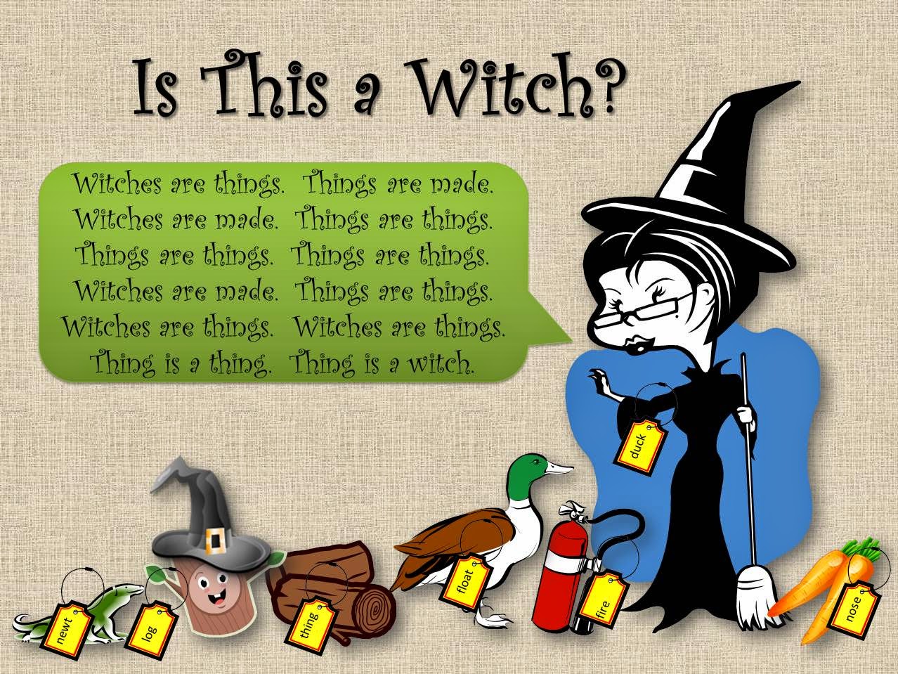 A newt, a log as a witch, a log, a duck, a witch, a carrot, and a fire extinguisher, all labeled, some incorrectly.