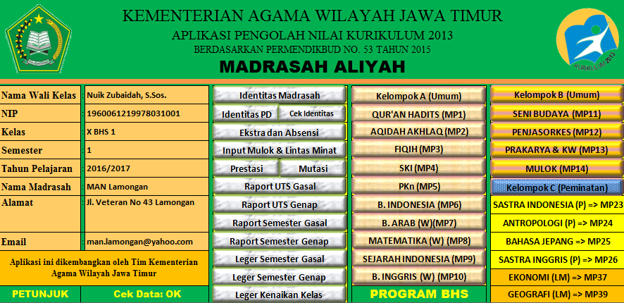 Aplikasi Penilaian Kurikulum 2013 Madrasah Aliyah Program Bahasa Sesuai Permendikbud Nomor 53 Tahun 2015