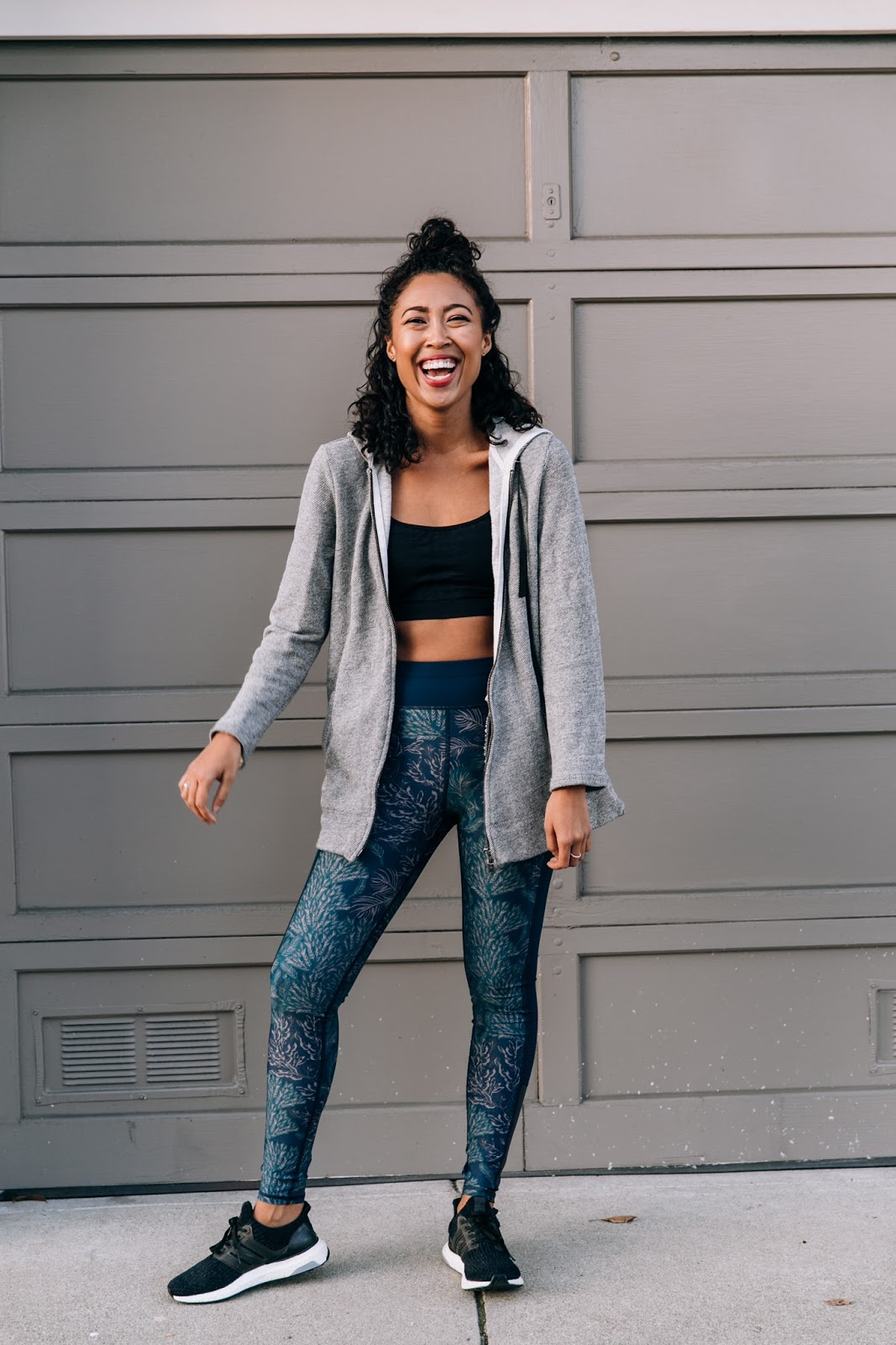 pancake stacker Pancake Stacker in a fitness outfit, wearing Sweaty Betty Zero Gravity Run Leggings, Adidas Ultra Boosts, J.Jill Zip jacket.