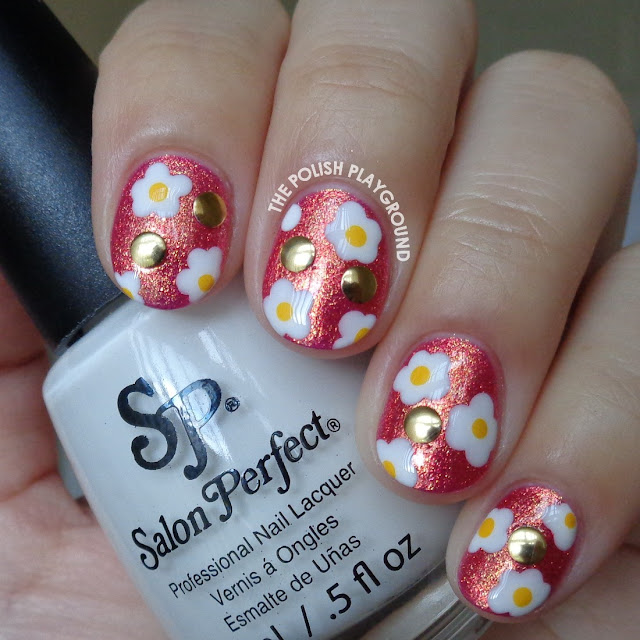 White and Yellow Flowers with Studs Nail Art