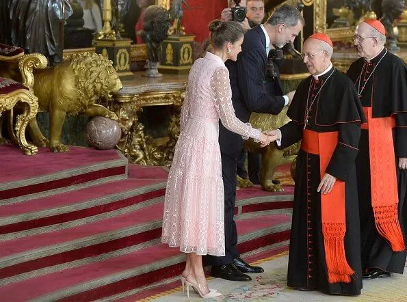 Queen Letizia wore a new pink embroidered tulle midi dress by Felipe Varela