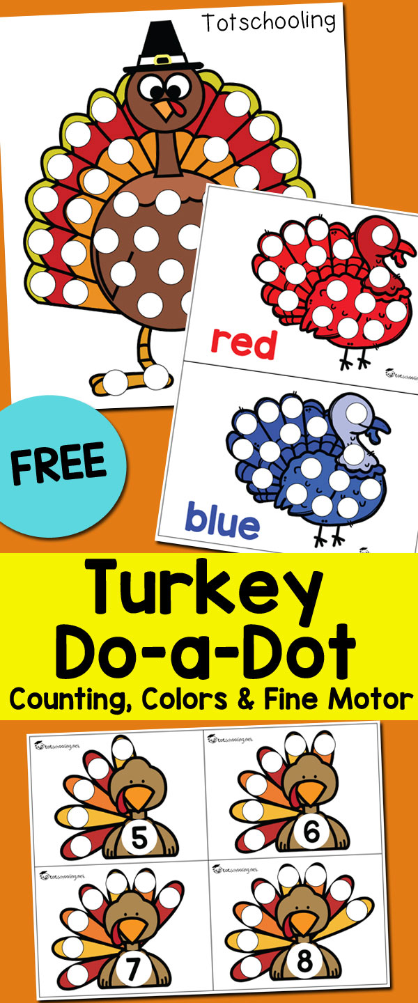 FREE printable Thanksgiving activity for toddlers and preschoolers using dot markers. Featuring turkey themed pages that also work on colors, counting and number recognition. Fun for a Fall preschool math center!