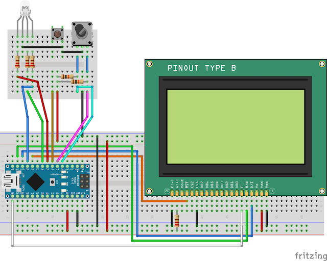 Breadboard project of ST7920 "RGB Controller" with rotary encoder