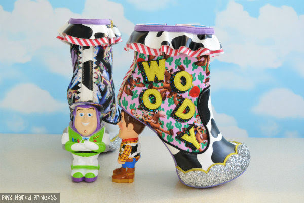 Irregular Choice You Are A Toy! Toy Story Woody and Buzz ankle boots Toy Story Buzz ankle boot shown from behind, Woody boot sitting side on