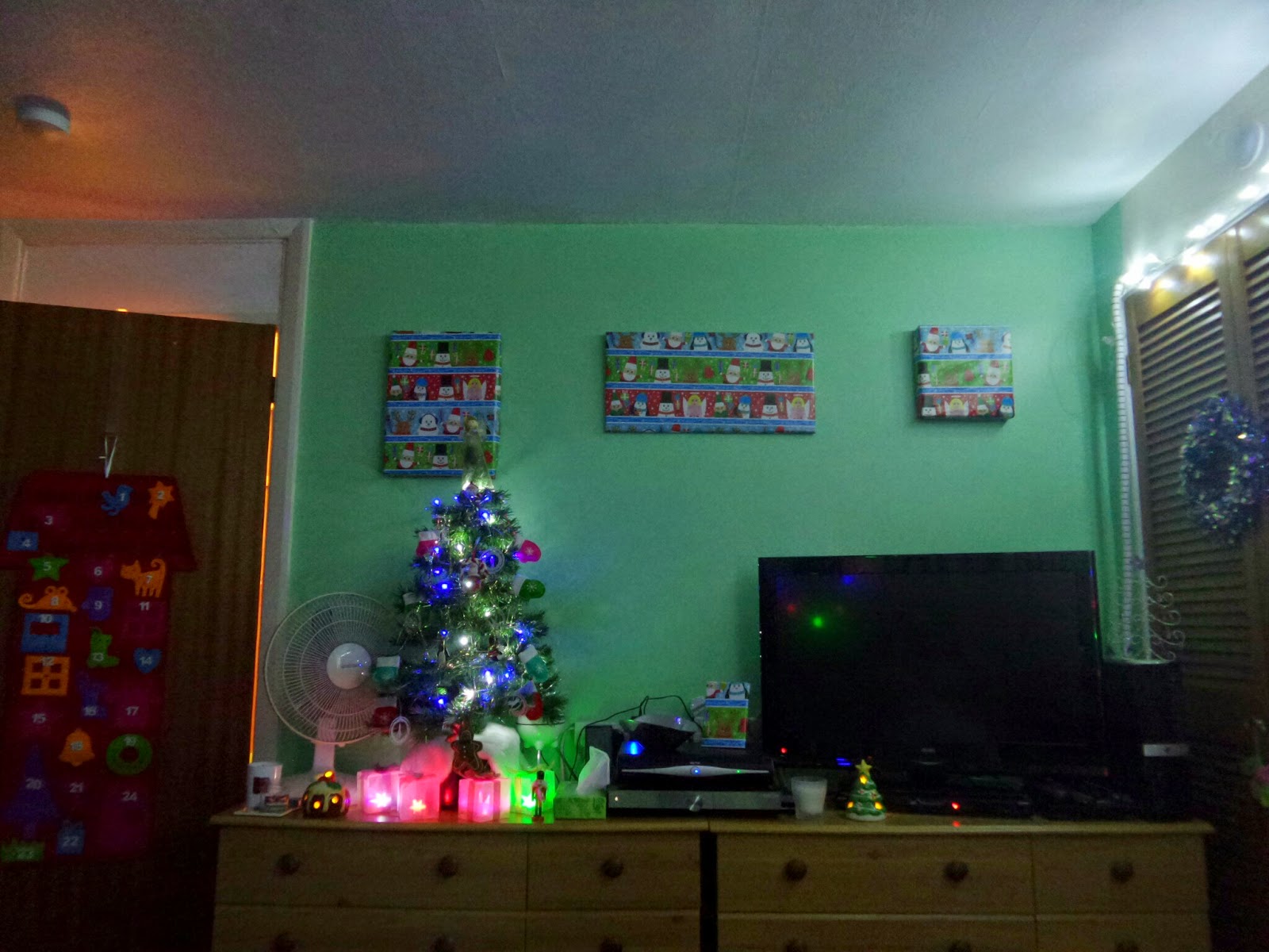 Christmas decorated units at the end of my bed. Complete with Christmas tree