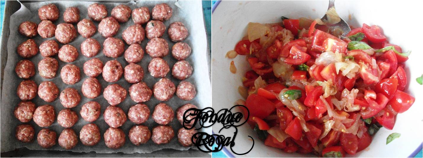 Fondue Royal: Polpettine di carne con insalata di pomodorini e cipolle