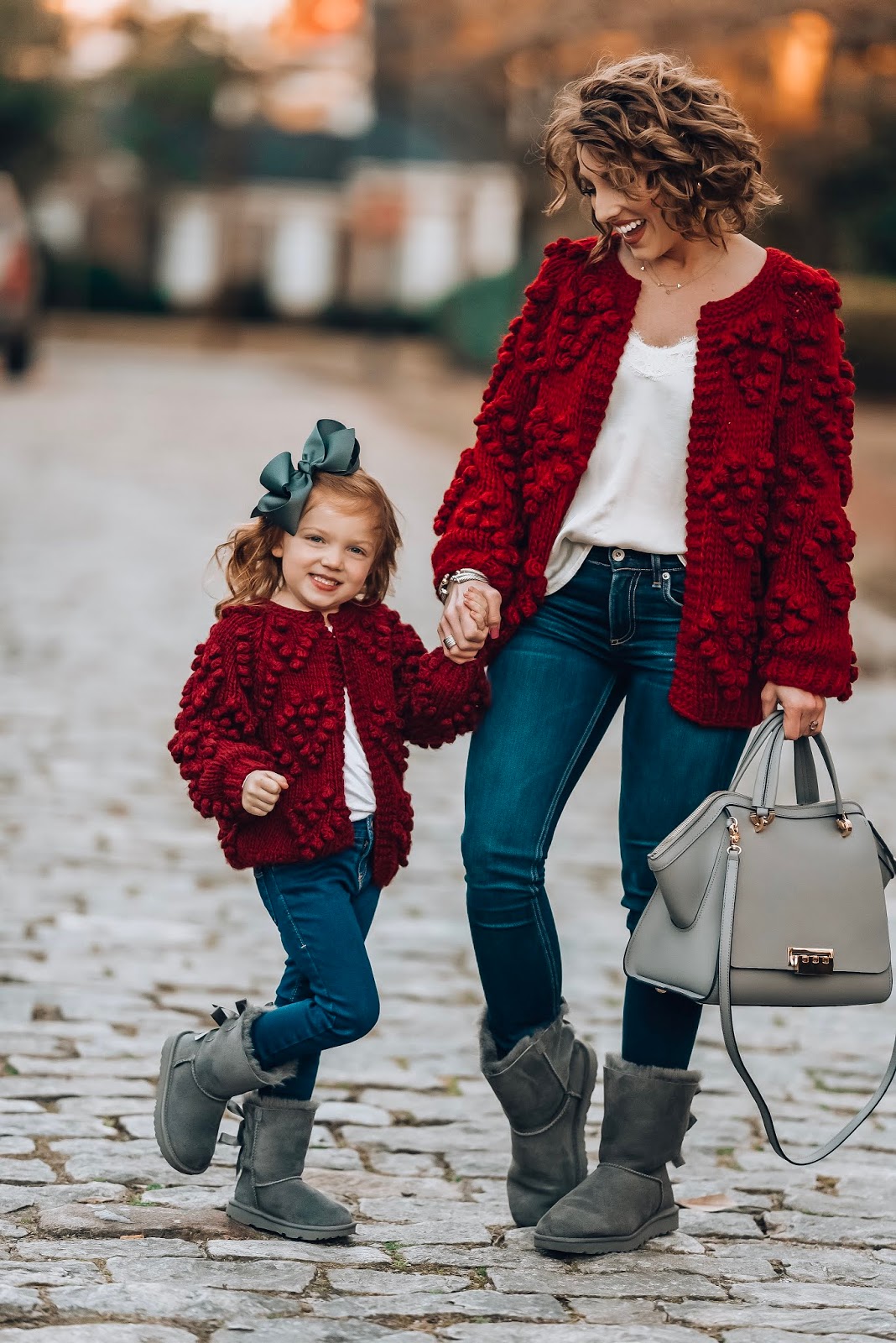 Mommy & Me Burgundy Pom Pom Heart Cardigans - Something Delightful Blog
