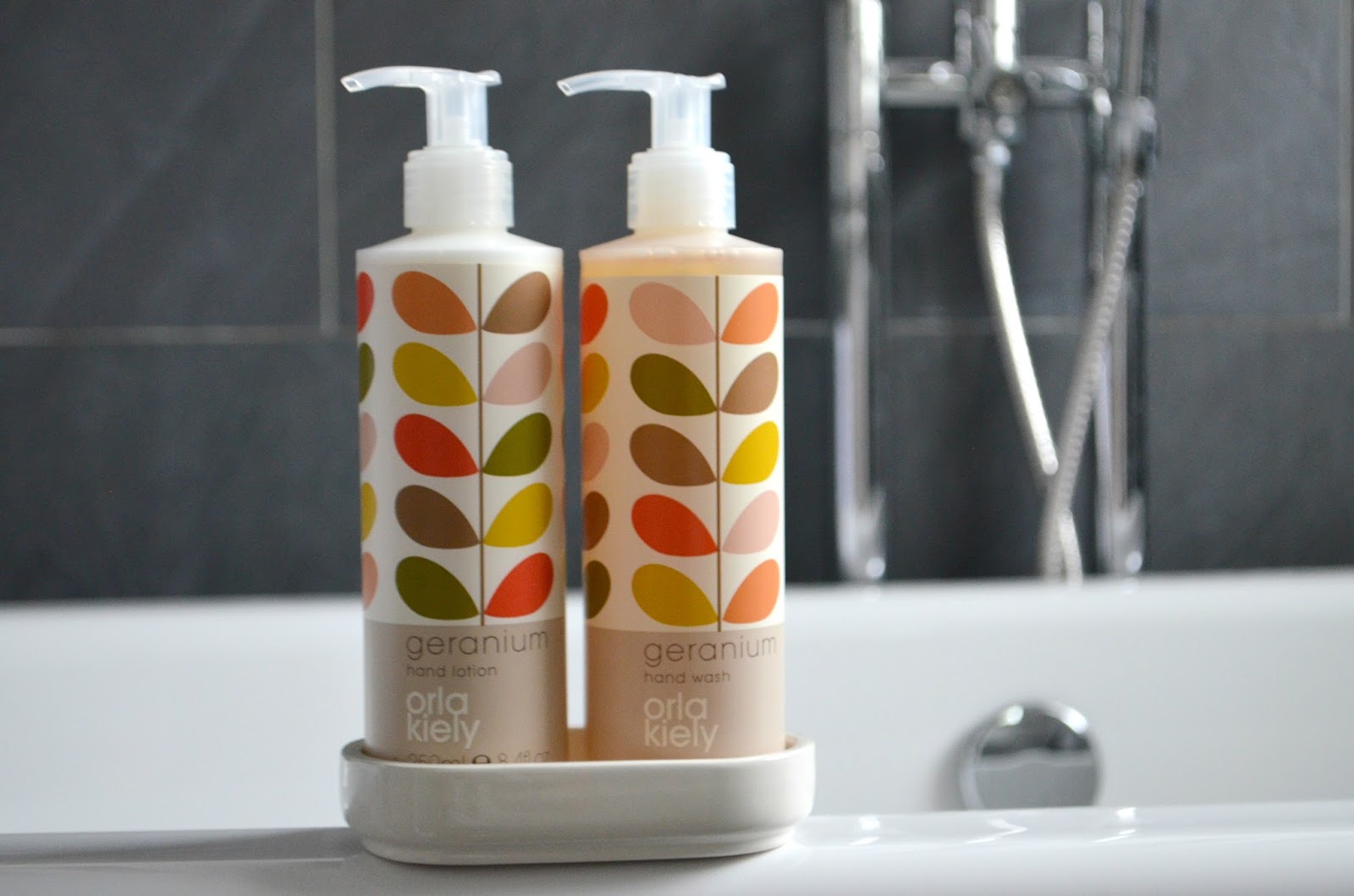 Bathroom Update Orla Kiely Geranium Bath And Body Hand Wash Set The Bottles Have A Ceramic Base To Sit Snuggly In Keep Them Looking Neat And Tidy I M Also Thinking Up Some Uses For Gorgeous Mustard Tin With