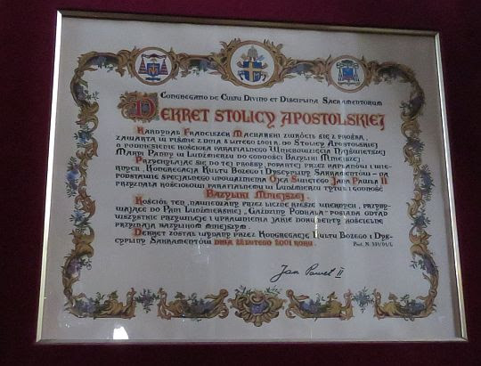 Dekret o nadaniu tytułu i godności Bazyliki Mniejszej. Dekret o nadaniu tytułu i godności Bazyliki Mniejszej.