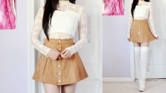 Allegra-K Fashion Review: Floral Jacket, Faux Suede Skirt + Lace Blazer Details on the tan faux suede button-down a-line skirt from Allegra-K, worn with a Snidel Japanese mock-neck lace crop top and over-the-knee socks.
