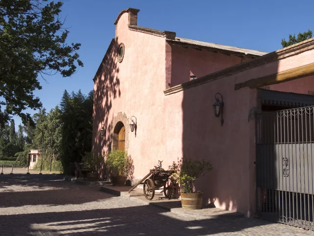 Pink building at Clos de Chacras winery near Mendoza Argentina