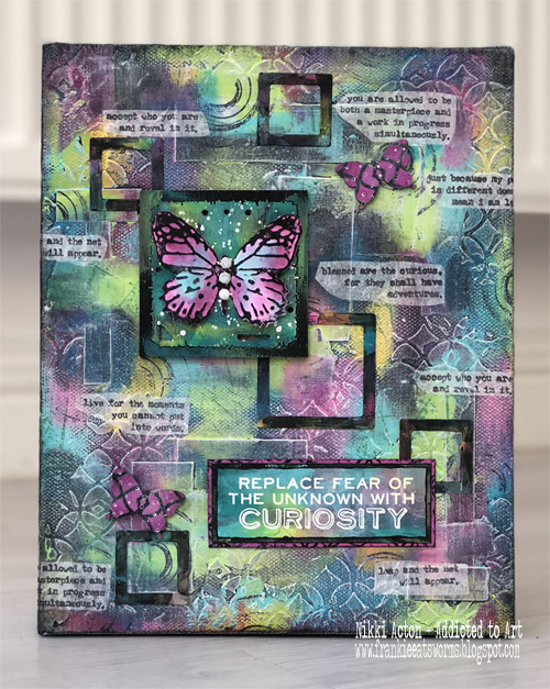 Canvas with Dina Wakley paints and Tim Holtz stamp sets - Perspective and Theories