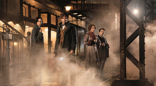 KATHERINE WATERSTON as Tina, EDDIE REDMAYNE as Newt Scamander, ALISON SUDOL as Queenie and DAN FOGLER as Jacob in Warner Bros. Pictures' fantasy adventure "FANTASTIC BEASTS AND WHERE TO FIND THEM," a Warner Bros. Pictures release. fantastic beasts movie still main characters