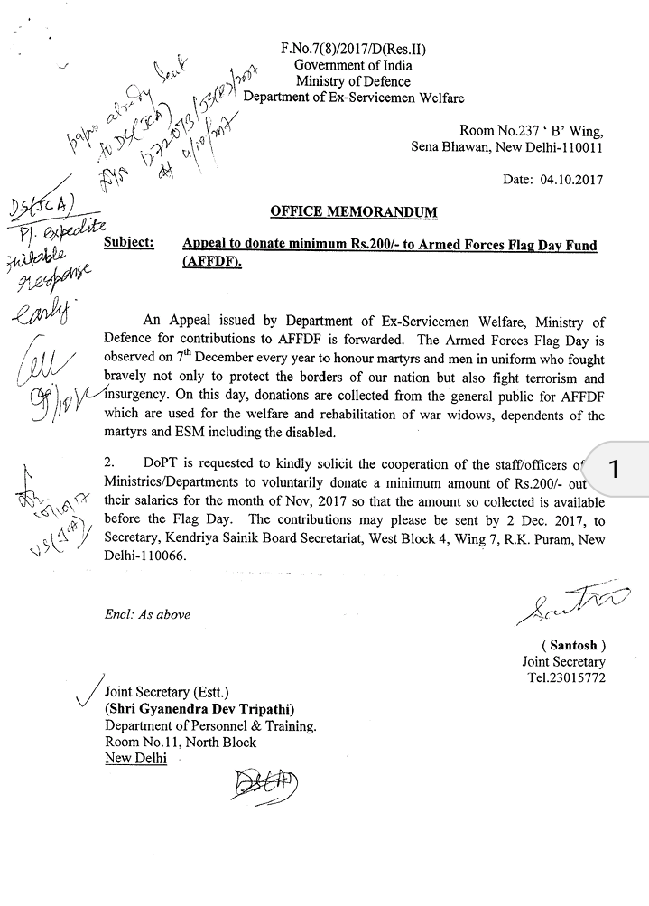 Appeal of Department of ExServicemen Welfare to donate minimum Rs. 200