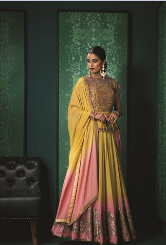 Mustard - Gold Silk dupion and georgette peplum top with dyed gota and zardozi embellishment by Designer Anuradha and Sharaddha Tikmani Mustard - Gold Silk dupion and georgette peplum top with dyed gota and zardozi embellishment by Designer Anuradha and Sharaddha Tikmani