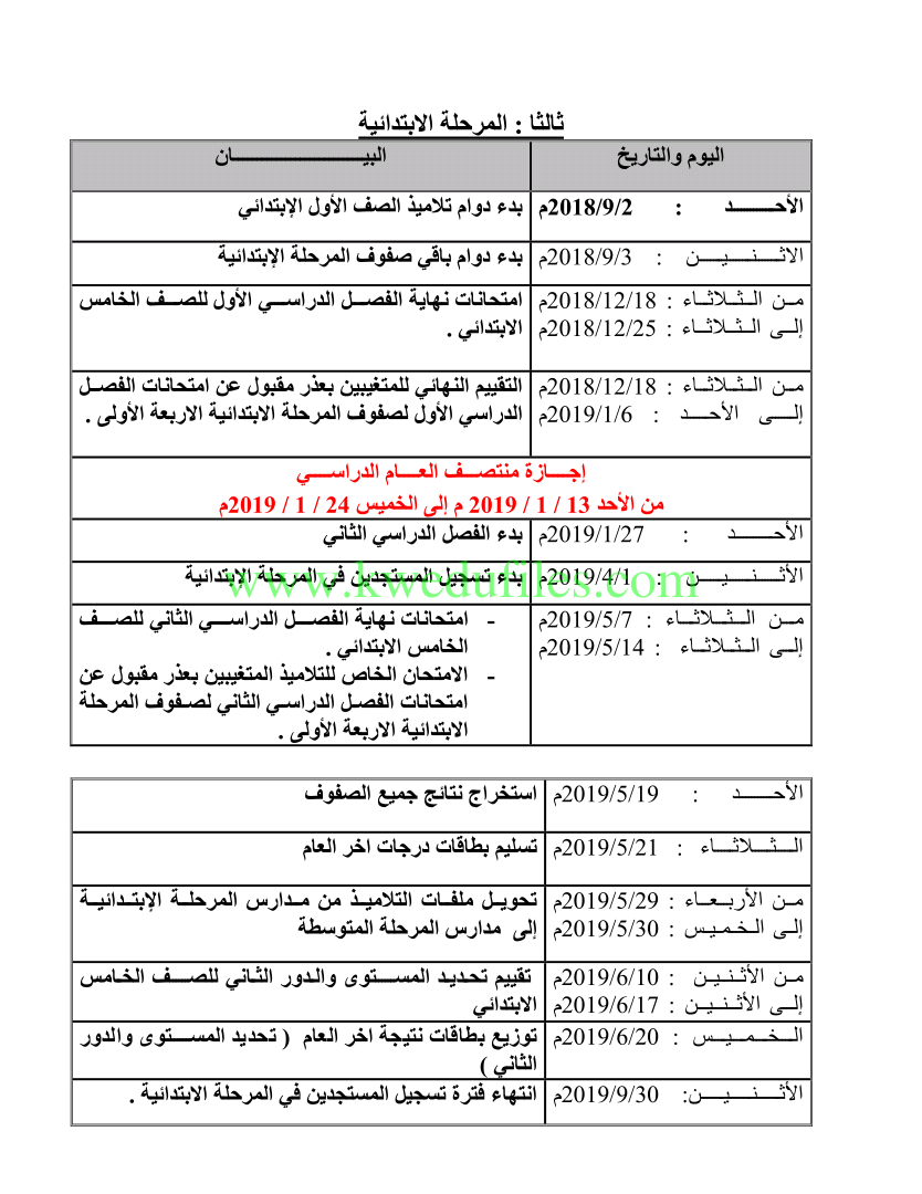 التقويم الدراسي لجميع المراحل التعليمية لعام 2018 أخبار غير ذلك الفصل الأول ملفات الكويت التعليمية