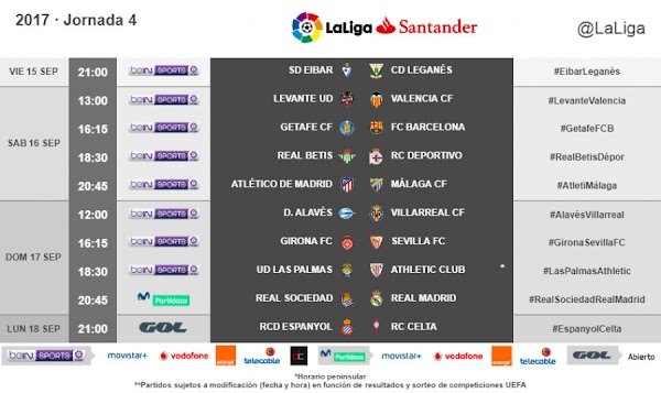 Liga Santander 2017/2018, horarios confirmados de la jornada 4