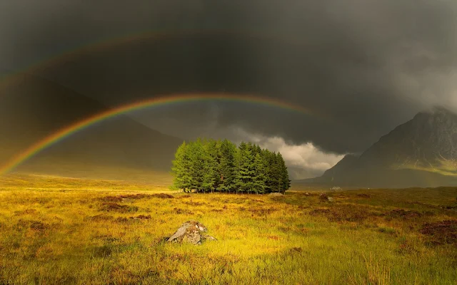 Prachtige natuurfoto van een landschap met gras, bomen, bergen en een regenboog in de verte, donkere wolken voorspellen naderende regen.