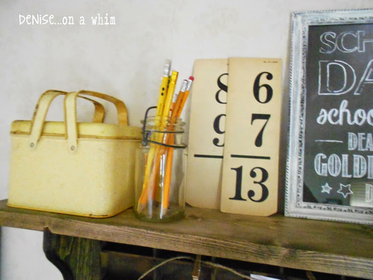 A Rusty Lunchbox Style Tin, some Pencils and Vintage Flashcards in a Back to School Vignette from Denise on a Whim