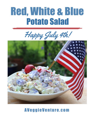 Red, White & Blue Potato Salad, another easy summer salad ♥ AVeggieVenture.com. Festive for Patriotic Holidays & Potlucks. Great Crunch. Relatively (For a Potato Salad) Low Carb & High Protein. Weight Watchers Friendly.