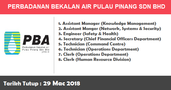 Jawatan Kosong di Jawatan Kosong di Perbadanan Bekalan Air Pulau Pinang Sdn Bhd Jawatan Kosong di Jawatan Kosong di Perbadanan Bekalan Air Pulau Pinang Sdn Bhd