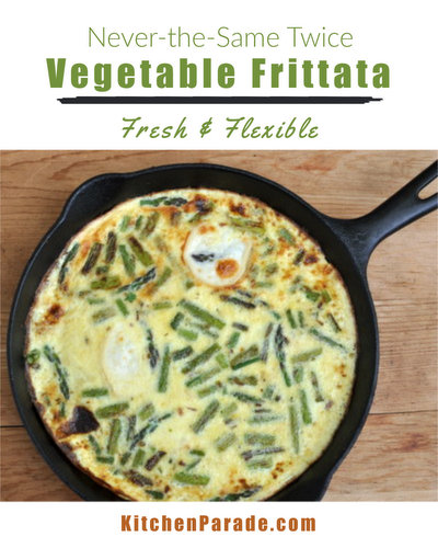 Never-the-Same-Twice Frittata, a Master Recipe ♥ KitchenParade.com. Silky custard + fresh or leftover veggies + pockets of warm cheese. Low Carb. Low Cal. High Protein. Weight Watchers Friendly.