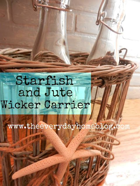 oil and vinegar bottles,wicker bottle, basket, shells, starfish, annie sloan chalk paint