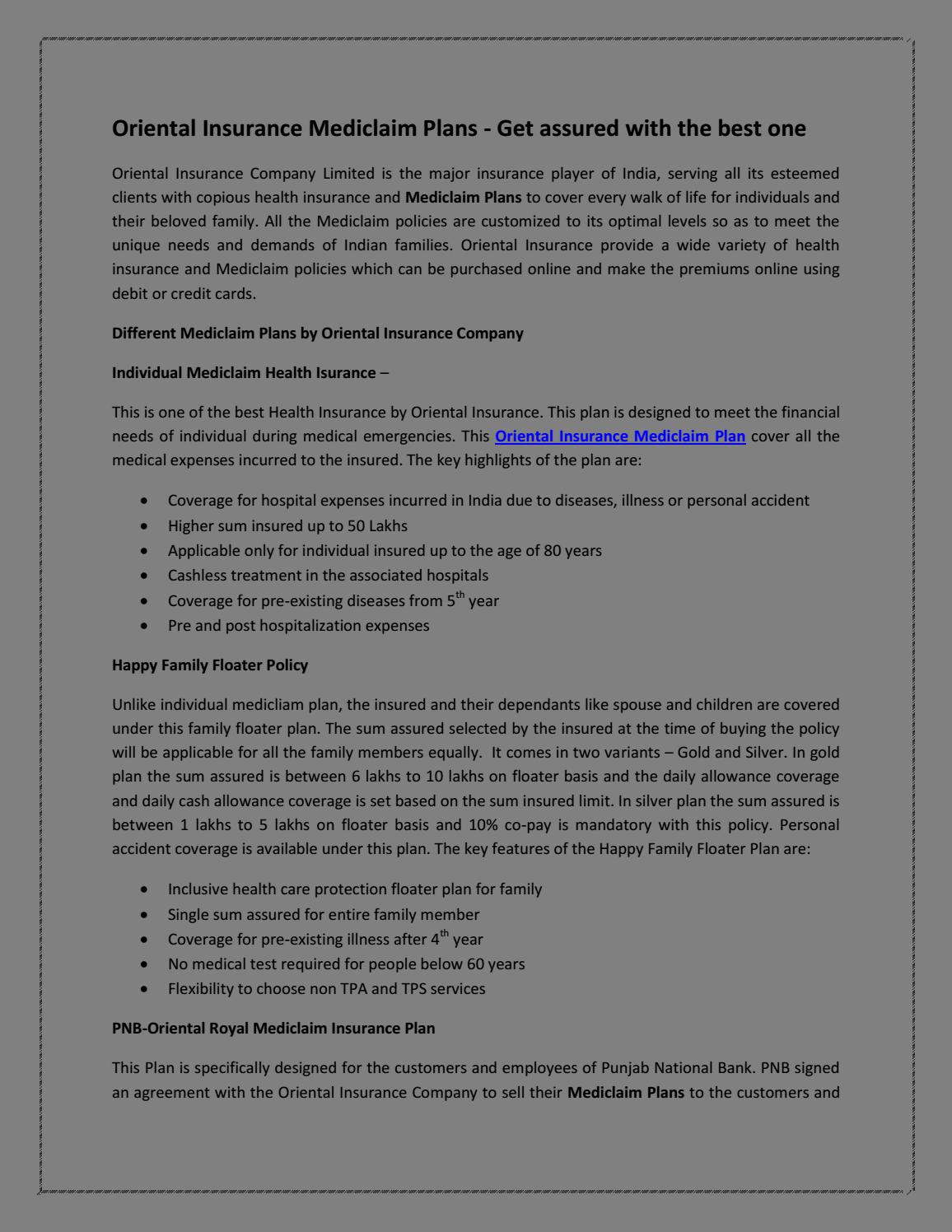 pnb oriental royal mediclaim policy Scribd india