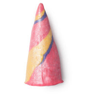 A triangular shaped horn purple coloured bubble bar with streaks of pink and yellow running hroughout with purple candy stars on the side of the bubble bar on a white background. 