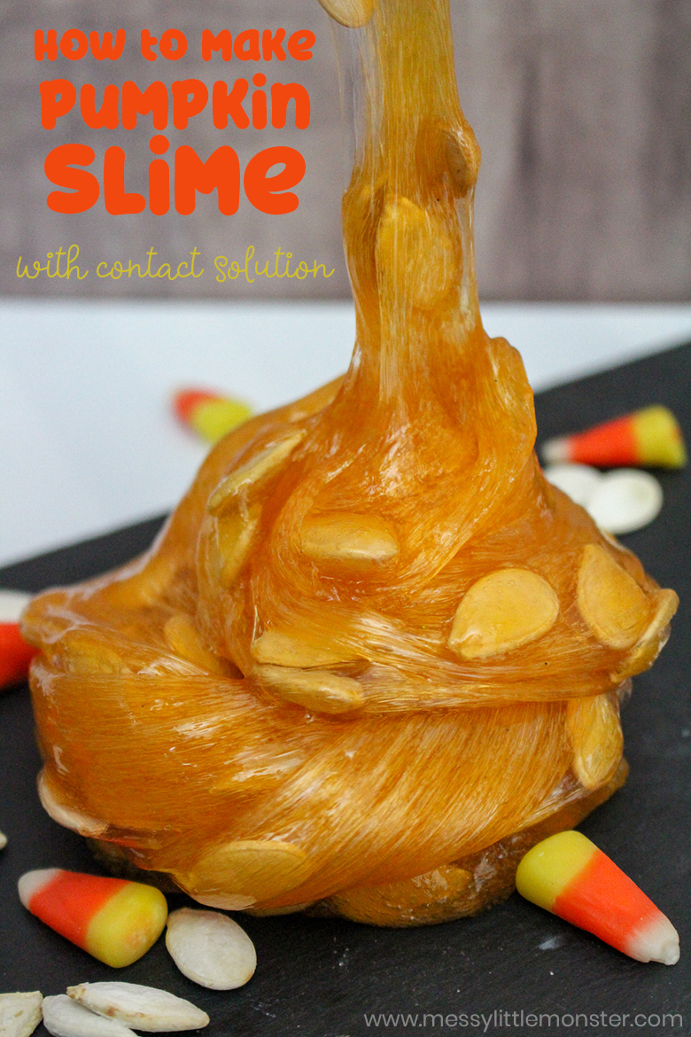 This pumpkin slime recipe using real pumpkin seeds is perfect for anyone looking for fun Halloween activities for kids. Just follow our easy how to make slime with contact solution recipe. Have fun! 