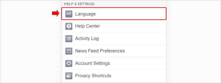 Opção Language do Facebook para alterar idioma