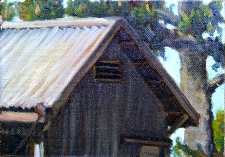 Oil painting of a galvanised iron shed with a tall conifer behind.