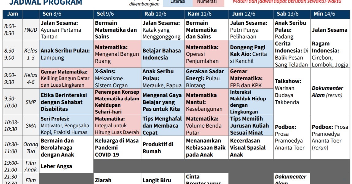 Download Jadwal Belajar Tvri 8 12 Juni 2020 Sd Smp Sma Pdf Info Gtk Terbaru