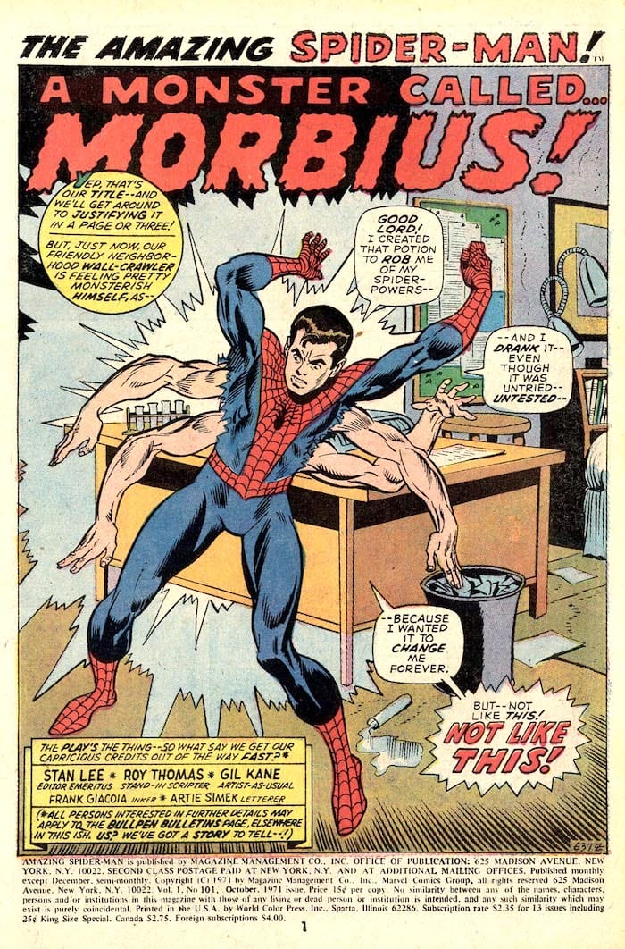 Amazing Spider-Man #101 marvel key issue 1970s bronze age comic book page - 1st appearance Morbius