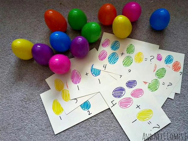 Math themed Easter activity for kids using wobbly Easter eggs from And Next Comes L