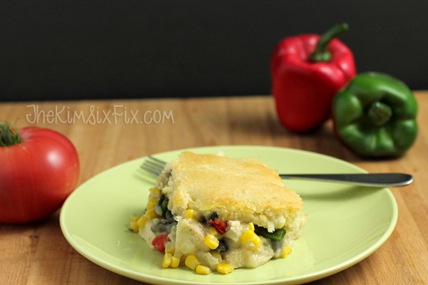 Easy Bisquick topped Tex-Mex chicken pot pie with the mexican flavors of black beans, peppers and corn. Easy to make.