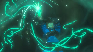 screenshot of Link absorbing the green vortext with his right hand