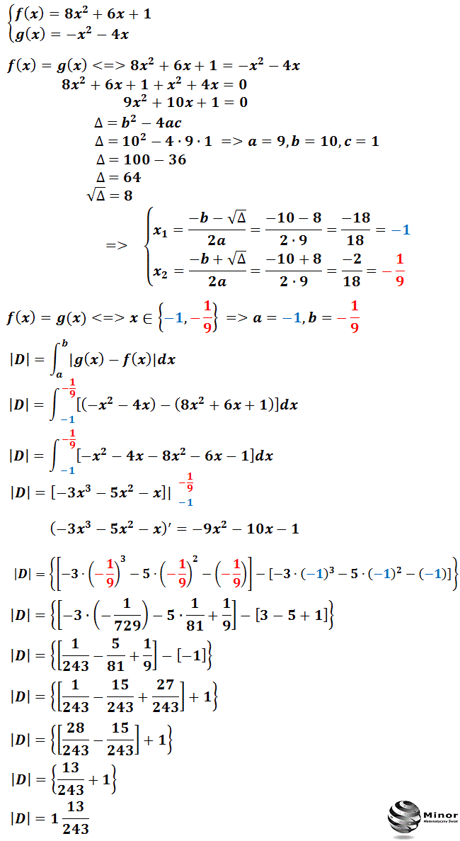 Pole obszaru między krzywymi, wykresami funkcji kwadratowej obliczamy na dwa sposoby w zależności, który wykres funkcji znajduje się nad którym.