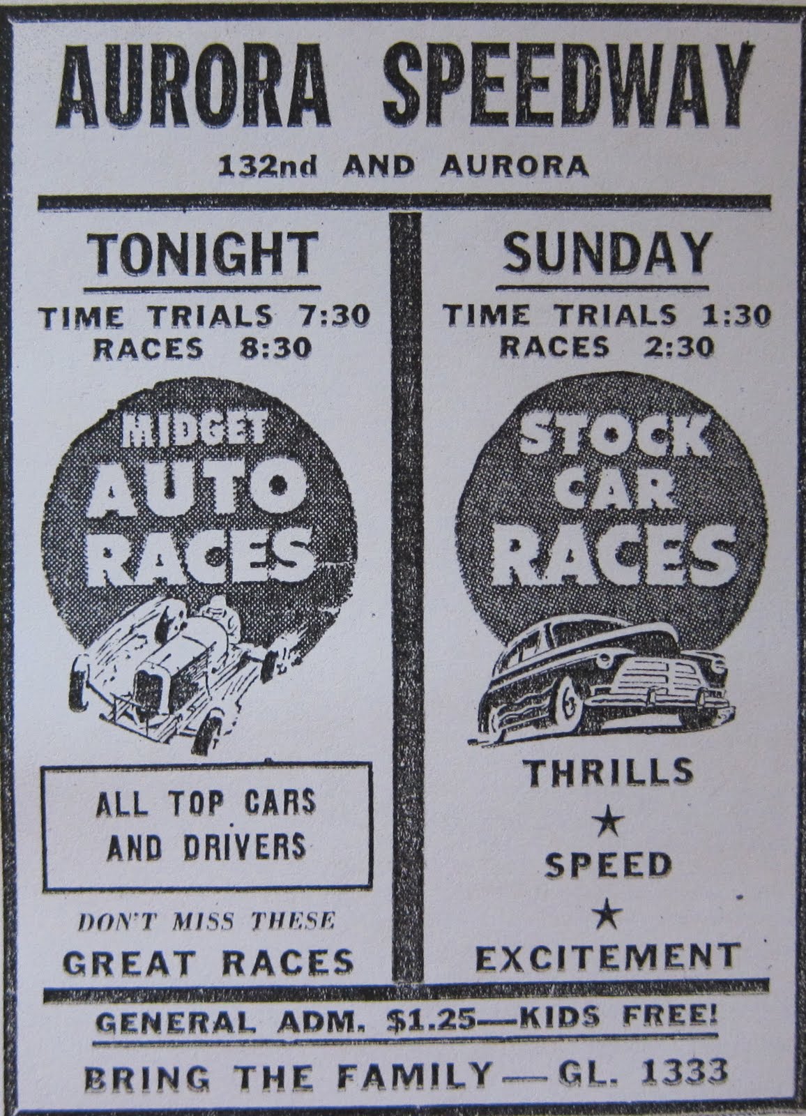 Northwest Auto Racing, 1950s Newspaper ads for races at Aurora Speedway