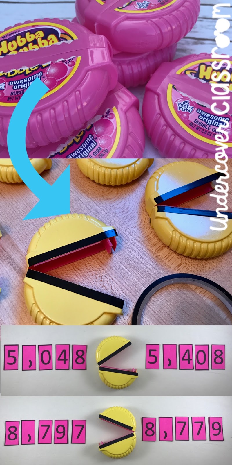 Transform some Hubba Bubba bubble tape containers into Pac Man number chompers! Use these as greater than, less than symbols to teach comparing numbers through place value.
