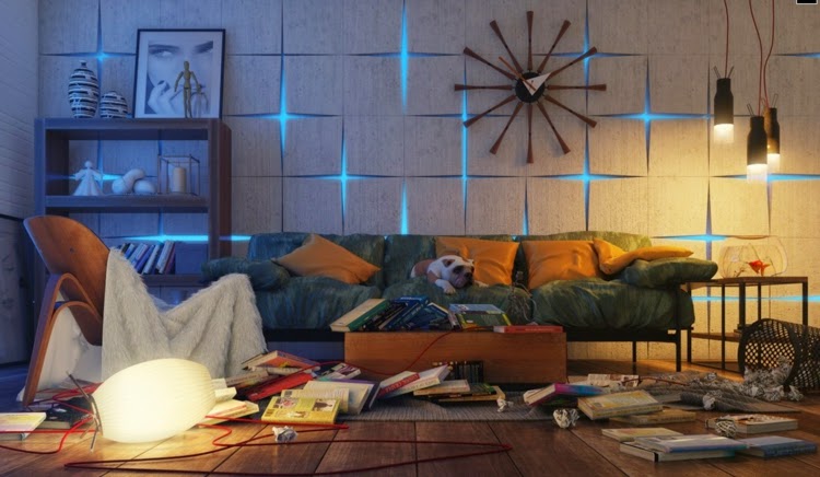 living room wall decor with texture and LED lighting