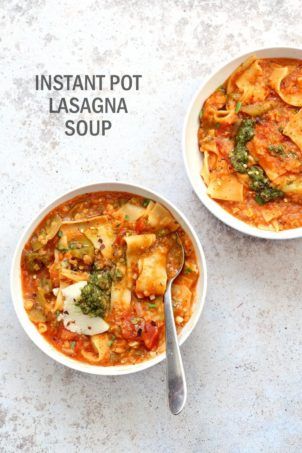 Instant Pot Lasagna Soup - Vegan Lasagna Soup with lasagna noodles, veggies, red lentils and basil. 1 Pot weekday meal. #Vegan #Nutfree #Recipe. Can be #glutenfree. #veganricha