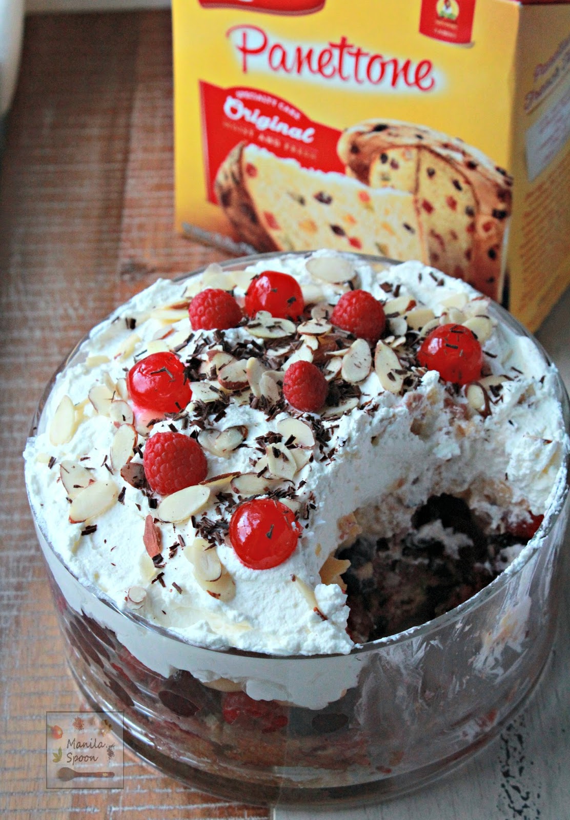 Freshly whipped cream, yummy custard, fruits plus Italian Panettone or any sponge cake make this a delicious and party-perfect Trifle!  Cherry, Raspberry and Panettone Trifle