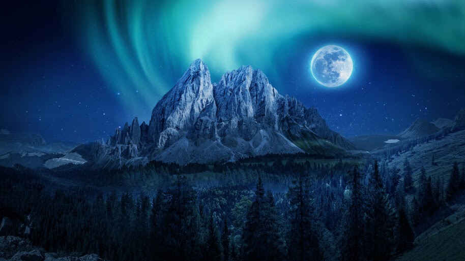Mountain, Forest, Full Moon, Night, Sky, Scenery, 4K, #6.933