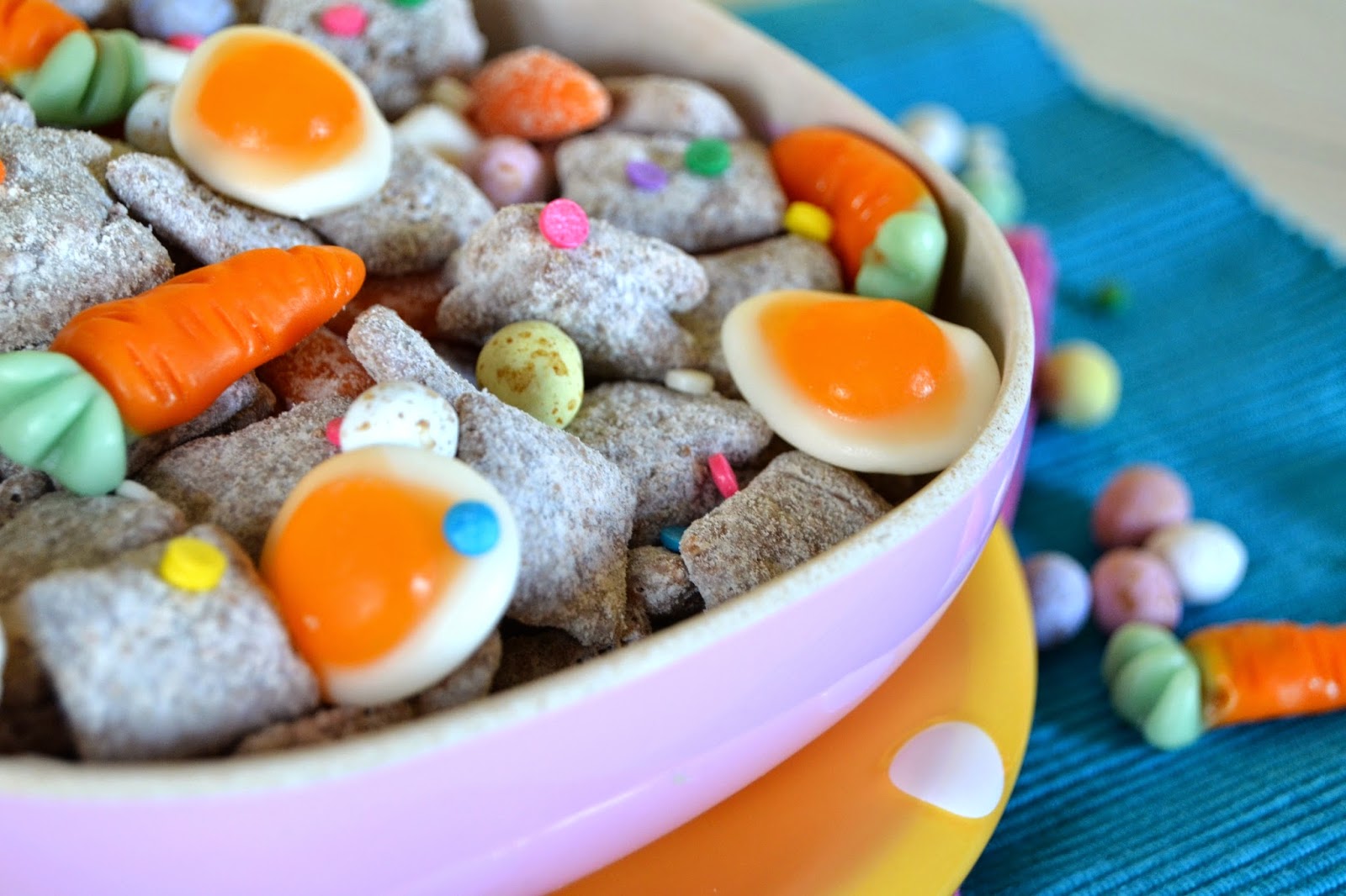 malt cereal coated in milk chocolate and icing sugar and tossed with Easter treats
