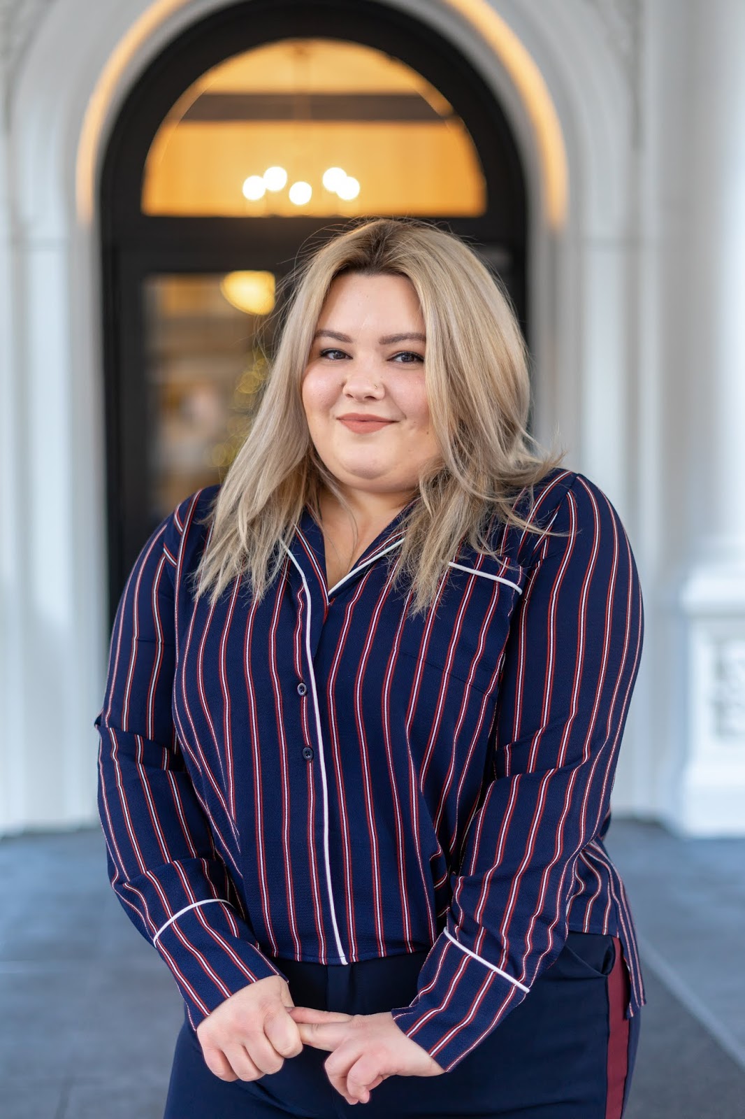 Chicago Plus Size Petite Fashion Blogger and model Natalie Craig reviews Soncy's, a new plus size boutique, Suit Up High Waisted Tuxedo Trousers and the Let's Hit Snooze Striped Top.