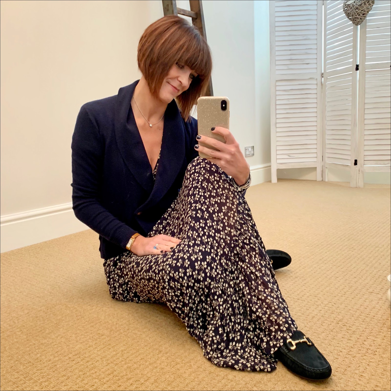 my midlife fashion, jones bootmaker ella leather loafers, ralph lauren double breasted knitted jacket, ganni floral maxi dress