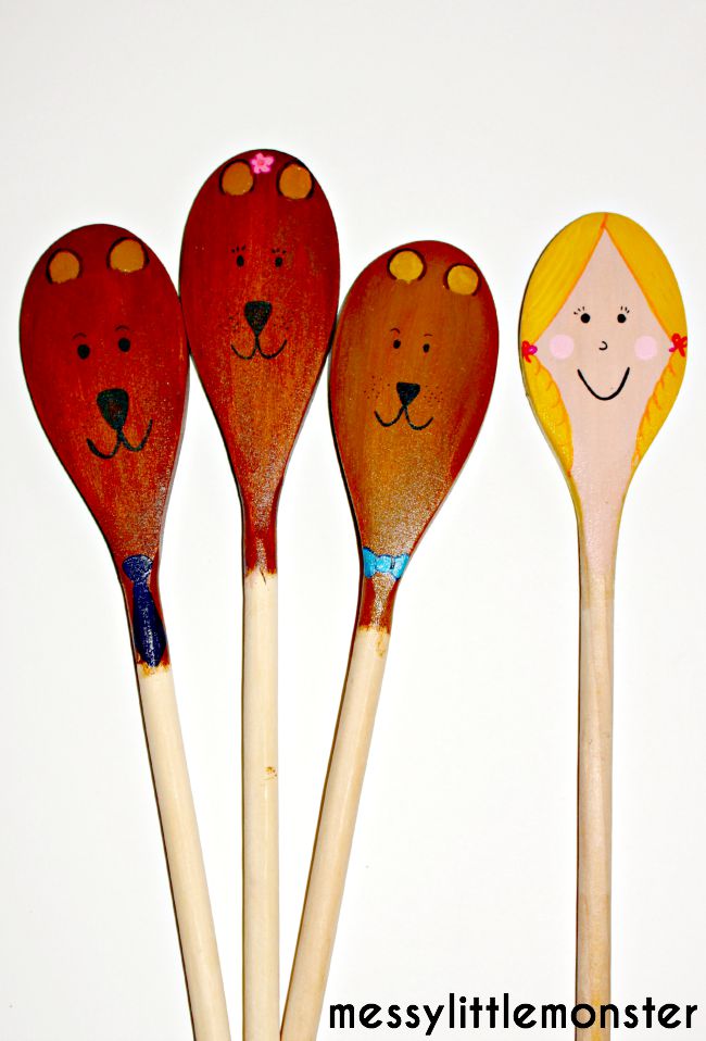 How to make Goldilocks and The Three Bears Spoon Puppets. A great kids craft and activity for retelling and acting out this popular Fairy Tale. Preschoolers and toddlers will love these hard wearing puppets for pretend play. 